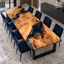 Diagonal view of a poplar dining table with swirling wood grain and black epoxy resin in a modern dining room.