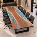 Blue Epoxy Resin Walnut Conference Table for Team Meetings