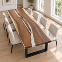 Angled view of flowing walnut grain and a narrow transparent epoxy resin channel