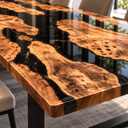 Close-up of the olive wood dining tabletop showing swirling grain, knots, glossy black epoxy resin and a rounded corner.