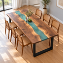 Rectangular Walnut Wood Transparent Green Epoxy Resin Dining Table