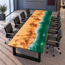 Poplar Epoxy Resin Conference Table with a Green Shoreline & White Ocean Wave Detail