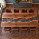 Walnut Dining Table with Charcoal Epoxy Resin and Subtle Gray Patterns