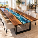 Corner view of a glossy turquoise epoxy resin river between natural walnut sections