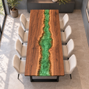 Green Epoxy Resin River Dining Table with Natural Walnut Grain