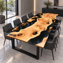 Angled view of a golden poplar dining table with deep blue-black epoxy resin and small wood islands
