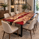 Wide angled view of a rectangular walnut and ruby red epoxy resin dining table