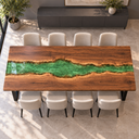 Green Epoxy Resin River Dining Table with Natural Walnut Grain