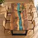 Rectangular Walnut Wood Transparent Green Epoxy Resin Dining Table