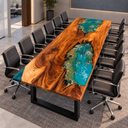 Angled view of a walnut epoxy resin conference table with coastal wave patterns in a gray meeting room