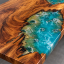 Close-up of turquoise epoxy resin, white wave details, and irregular walnut contours along the conference tabletop edge