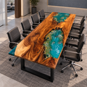 Elevated diagonal view of a walnut epoxy resin conference table with turquoise coastal inlays and white wave details