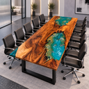 Walnut ocean-inspired epoxy resin conference table with black office chairs beside frosted glass partitions