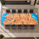 Overhead side view of a rectangular poplar conference table with golden wood sections and bright blue epoxy resin