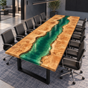 Angled view of a poplar epoxy resin conference table with a glossy emerald green river and golden patterned wood