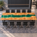 Elevated side view of a poplar epoxy resin conference table showing the green river along its full length