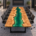 Front end view of a poplar green epoxy resin conference table in a gray meeting room with black chairs