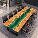 High diagonal view of a poplar conference table highlighting irregular wood contours around a green epoxy resin river