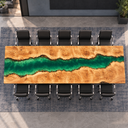 Overhead view of a rectangular poplar conference tabletop with an emerald resin river between golden wood slabs