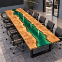 Reverse diagonal view of a poplar conference table with a winding green epoxy resin river and black office chairs