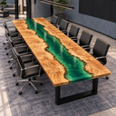Wide reverse view of a poplar epoxy resin conference table with golden grain and a glossy green center