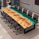 Elevated diagonal view of a poplar epoxy resin conference table with a green shoreline and white wave detail along one side
