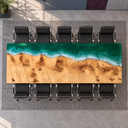 Overhead side view of a poplar epoxy resin conference table showing a green coastal band and white surf patterns