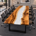 Angled view of a walnut epoxy resin conference table with a pearly white river and sweeping dark wood grain