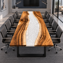 Front end view of a walnut white river epoxy resin conference table with black office chairs