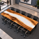 High diagonal view of a walnut epoxy resin conference table with pearly white resin in a contemporary meeting room