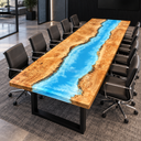 Angled view of a poplar conference table with a bright blue epoxy resin river and white swirling details