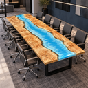 Elevated corner view of the poplar epoxy resin conference table surrounded by black office chairs