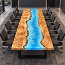 End view of the poplar conference table showing the winding blue resin river between golden wood sections