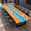 Wide diagonal view of the blue river poplar epoxy resin conference table in a meeting room