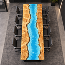 Overhead view of the rectangular poplar conference table with a blue and white epoxy resin center