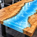 Close-up of golden poplar grain and white cloud-like swirls in the blue epoxy resin river