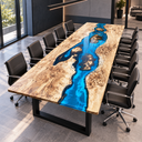 Angled view of a poplar epoxy resin conference table with a vivid blue river and natural wood islands
