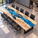 Elevated diagonal view of the poplar conference table showing blue resin channels and pale patterned wood