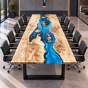 Front end view of the blue river poplar conference table with black office chairs along both sides