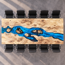 Landscape overhead view showing the blue resin river across the poplar conference tabletop