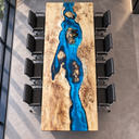 Overhead lengthwise view of the poplar epoxy resin conference table and its irregular wood islands