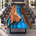 End view of the walnut conference table showing glossy blue resin around a broad curved wood section