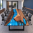 Front view of the walnut blue river conference table in a modern meeting room